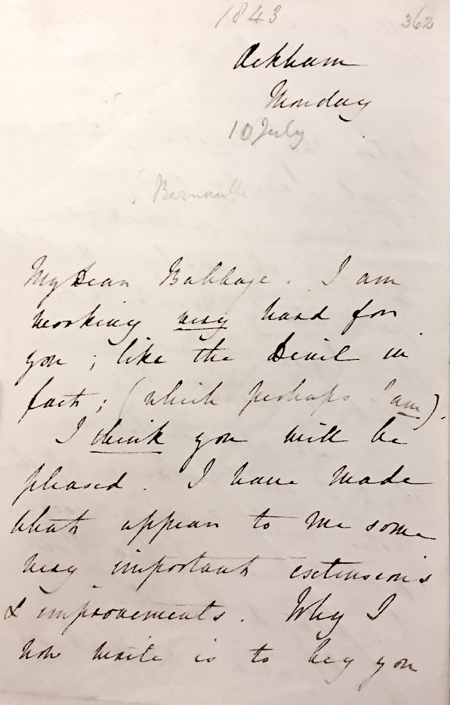 Zdjęcie jednego z listów Ady Lovelace do Babbage'a. Zaczyna go żartobliwie od słów: "Pracuję dla Ciebie bardzo ciężko, jak diabeł (którym zapewne jestem)"