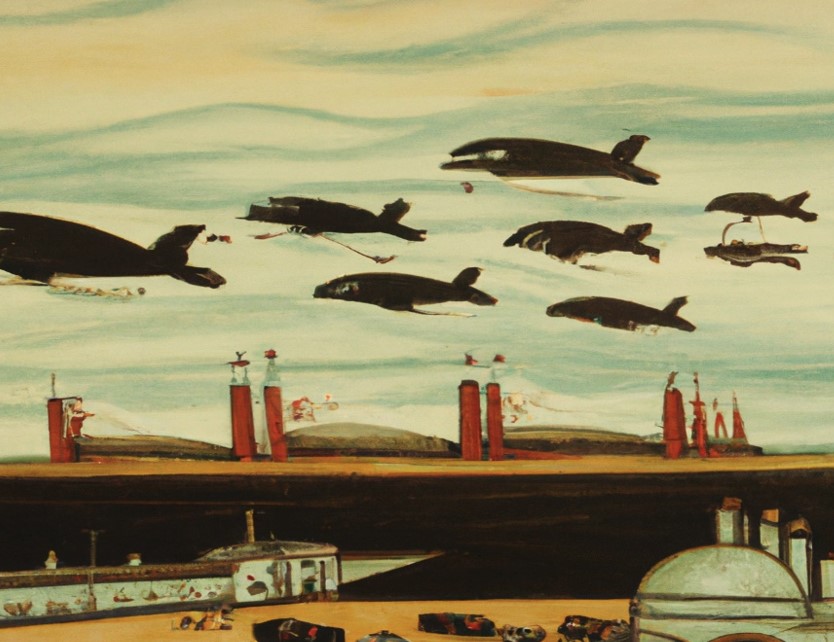 Rysunek 8. Wieloryby na lotnisku w Lizbonie - wygenerowane przez DALL-E