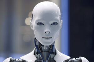 The image presents a robot resembling a human.