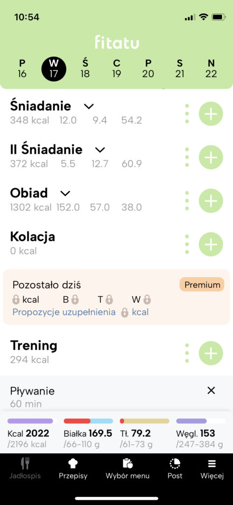 menu aplikacji do liczenia kalorii Fitatu