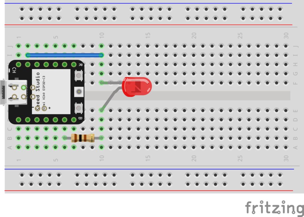 Schematic of an electronic circuit. The ESP32C3 is connected at the top (row 1) on columns D and H. There is a jumper cable that connects I2 with I10. The cathode of the LED is plugged into G10, the anode is plugged into E10. The resistor is plugged into B6 and B10.